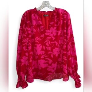 Mascomoda Womens V Neck Pink Floral Long Sleeve Top Casual Puff Sleeve Large